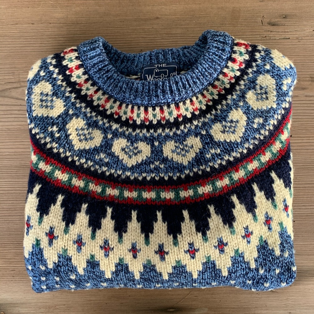 Woolrich Fair Isle Blue Sweater Hearts Size M